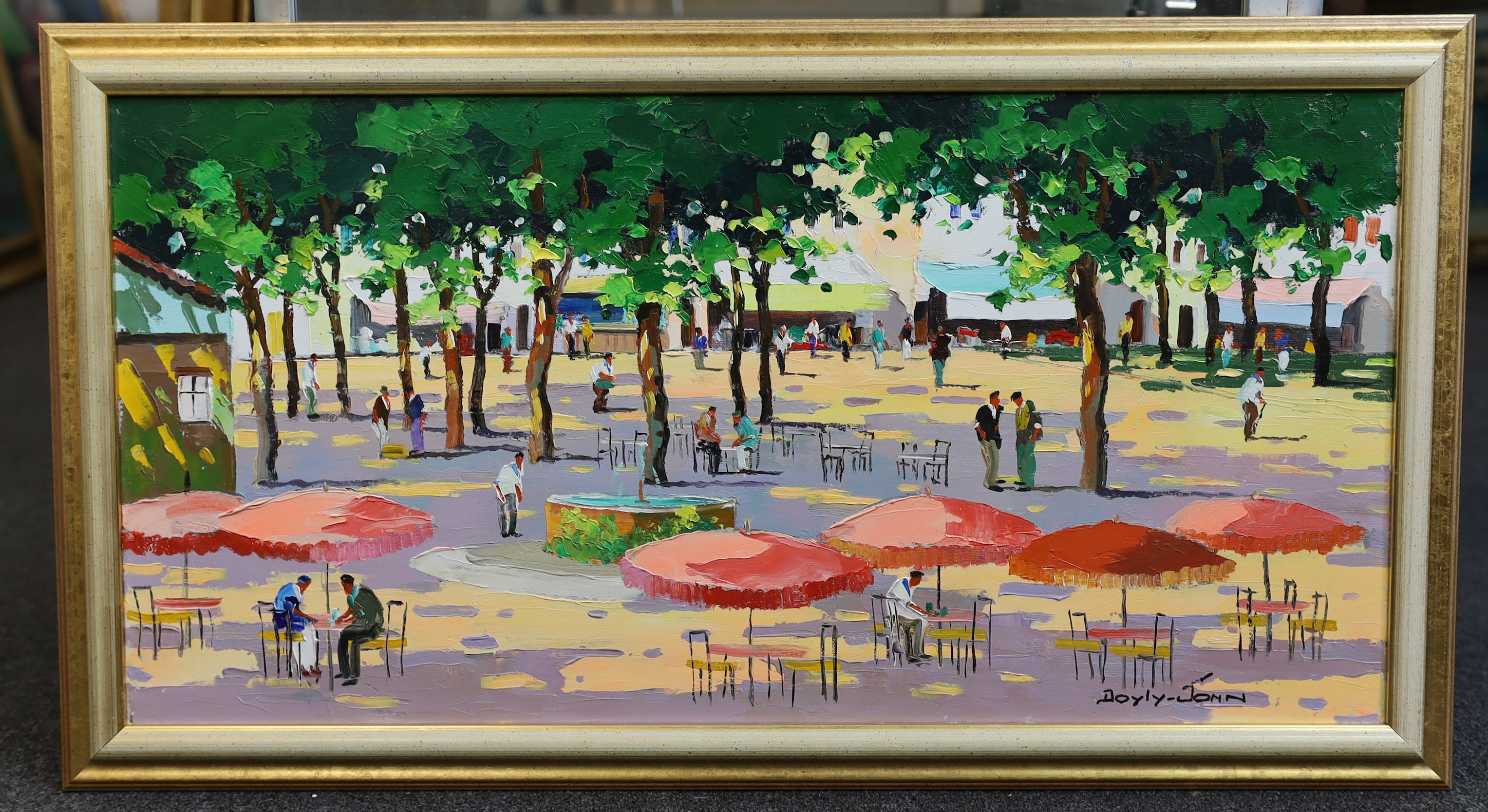 Cecil Rochfort D'Oyly-John (British, 1906-1993), 'Town Square in the South of France', oil on canvas, 35 x 71cm